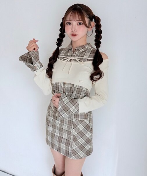 チェックシャツレイヤードニット