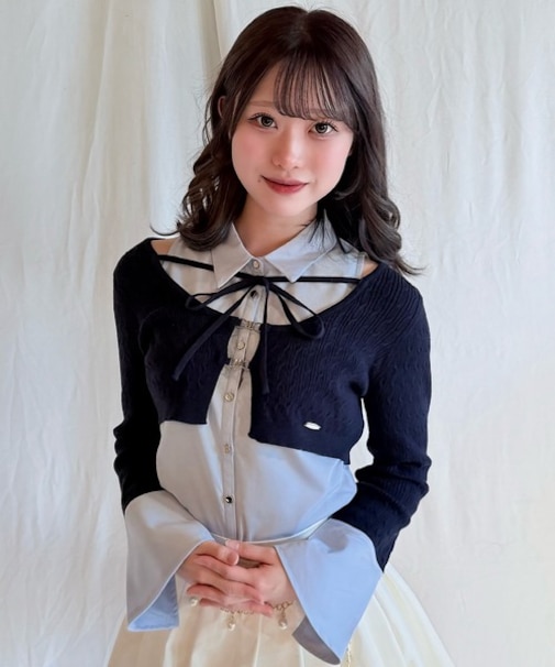 シャツレイヤードケーブルニット