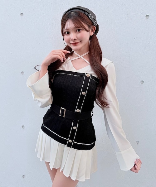 シャツドッキングプリーツミニワンピース シャツドッキングプリーツニットミニワンピース – Darich