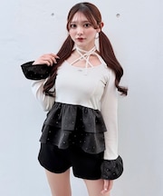 ストーンドットペプラムトップス