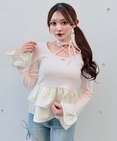 ストーンドットペプラムトップス