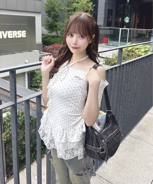 marte レース スリーブ チョーカー ヘム トップス チョーカークロスハーフスリーブニットトップス(F ミント): REDYAZEL