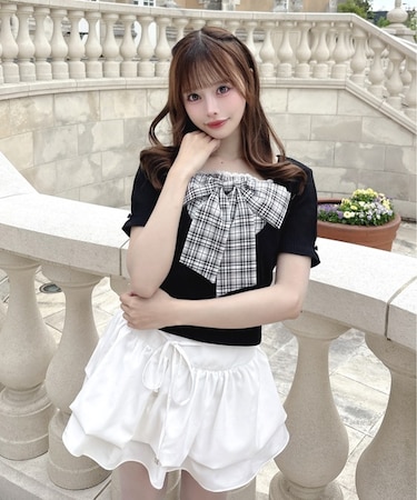 フロントリボン半袖トップス