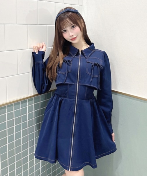 長袖レイヤードフロントジップワンピース