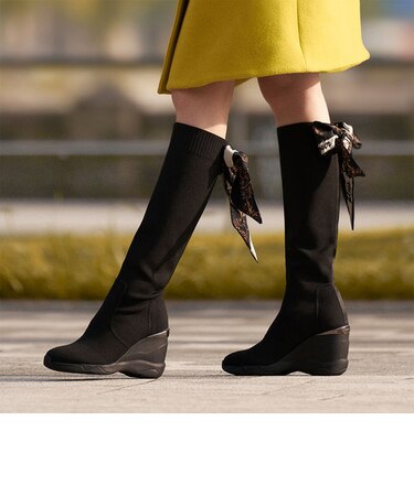 【9cm】ハイウェッジ ニットロングブーツ