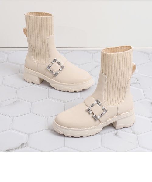 ビジューバックルリブニットショートブーツ｜アルテミスバイダイアナの