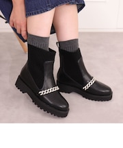 ビジューチェーン付き厚底リブニット切替ブーツ