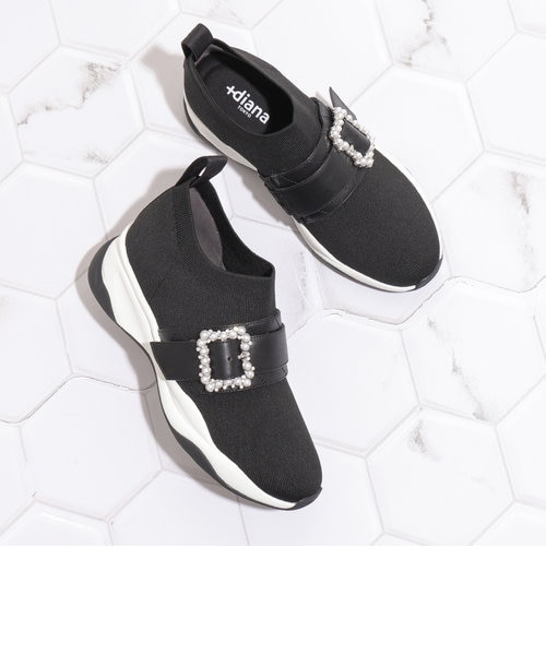 スニーカー 23.5 黒 DIANA ダイアナ ビジュー 厚底 バックル 撥水