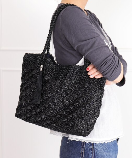【B5対応】メタリック柄編みメッシュトートバッグ