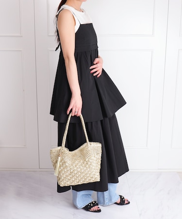 【B5対応】メタリック柄編みメッシュトートバッグ