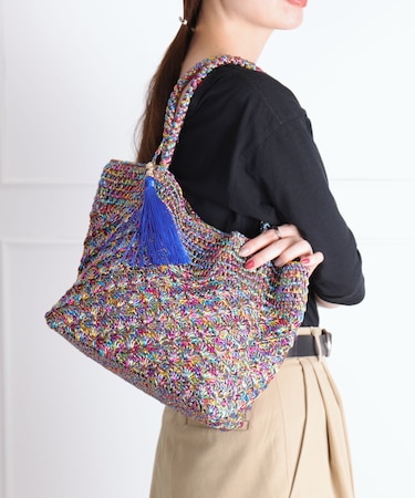 【B5対応】メタリック柄編みメッシュトートバッグ