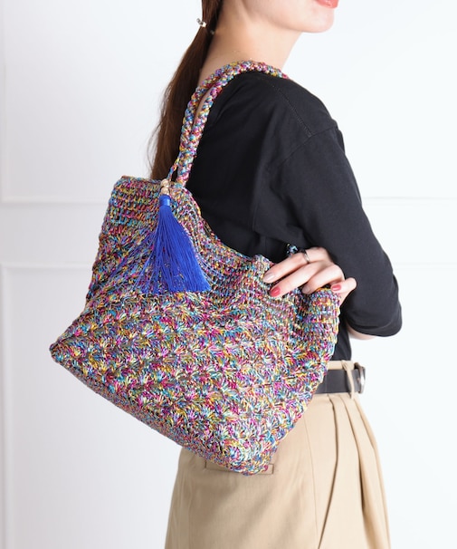 【B5対応】メタリック柄編みメッシュトートバッグ