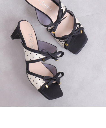 ドット柄ダブルリボンミュールサンダル