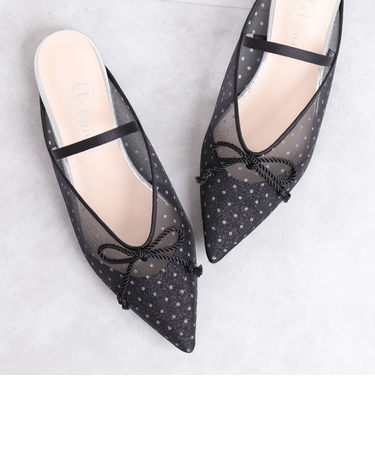 ドット柄チュールミュールパンプス