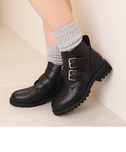 厚底ダブルベルトショートブーツ