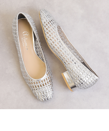 スクエアトゥメッシュ素材パンプス