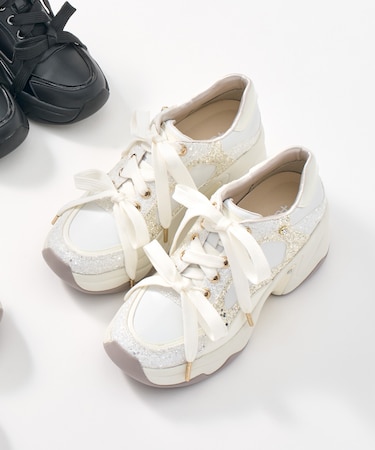 ビジュー付き ダブルリボン厚底スニーカー