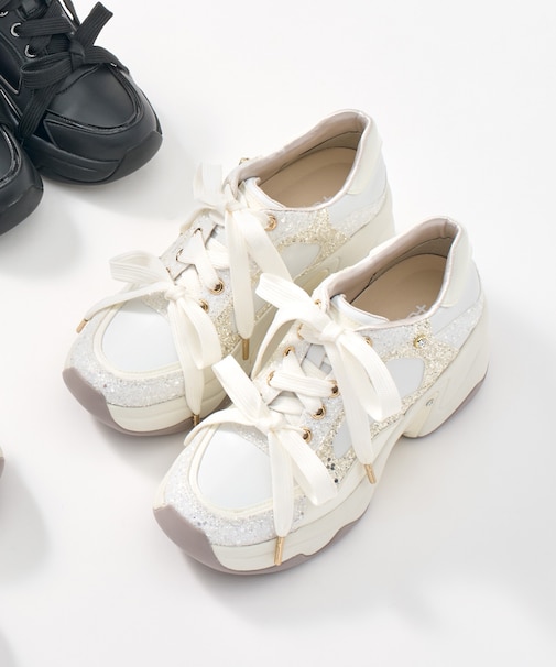 ビジュー付き ダブルリボン厚底スニーカー