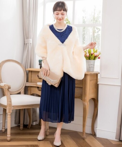 ブローチ付き大判フェイクファーパーティーショール