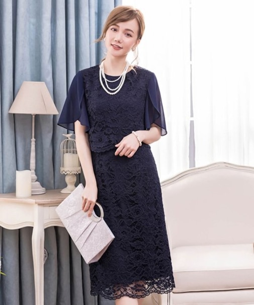 結婚式・お呼ばれ対応セットアップ風デザインフリルスリーブレースパーティドレス