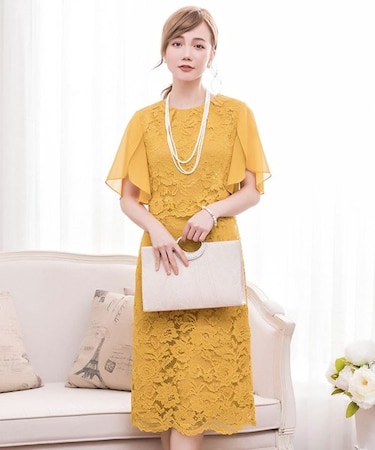 結婚式・お呼ばれ対応セットアップ風デザインフリルスリーブレースパーティドレス
