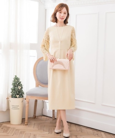 レース七分袖×ダマスク柄ワンピースドレス結婚式ワンピース・お呼ばれパーティードレス