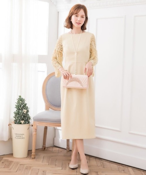 レース七分袖×ダマスク柄ワンピースドレス結婚式ワンピース・お呼ばれパーティードレス