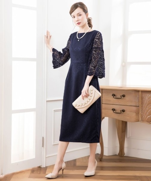 レース七分袖×ダマスク柄ワンピースドレス結婚式ワンピース・お呼ばれパーティードレス
