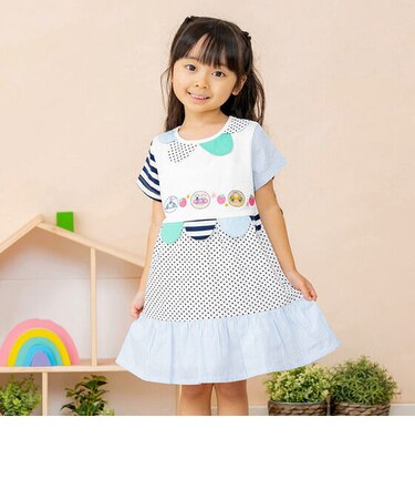 カラフル丸襟パッチワークワンピース