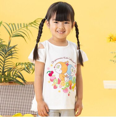 肩開きフルーツ柄フリルTシャツ