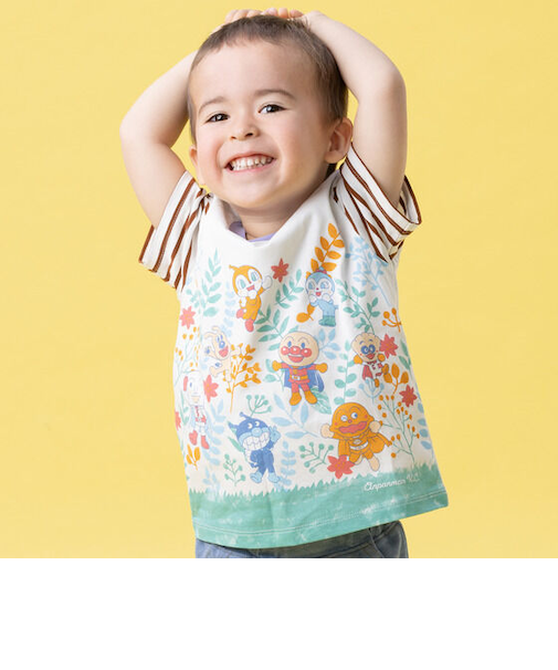 袖ボーダー切替リーフ柄Tシャツ