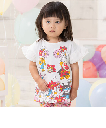 袖フリルお花いっぱいTシャツ
