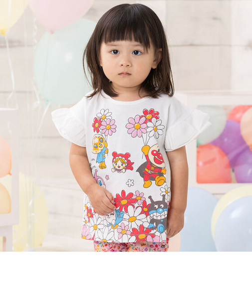 袖フリルお花いっぱいTシャツ