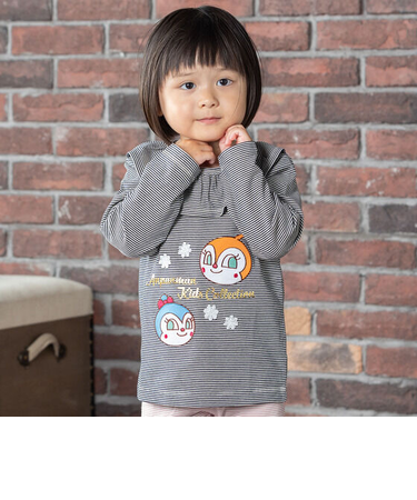 襟フリルお顔アップリケ長袖Tシャツ