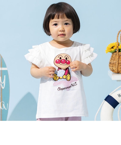 袖フリルシェル柄アップリケTシャツ