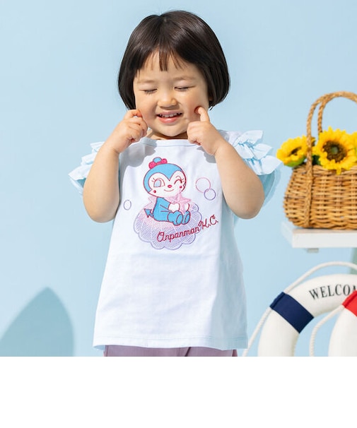 袖フリルシェル柄アップリケTシャツ