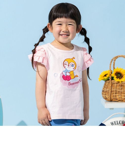 袖フリルシェル柄アップリケTシャツ
