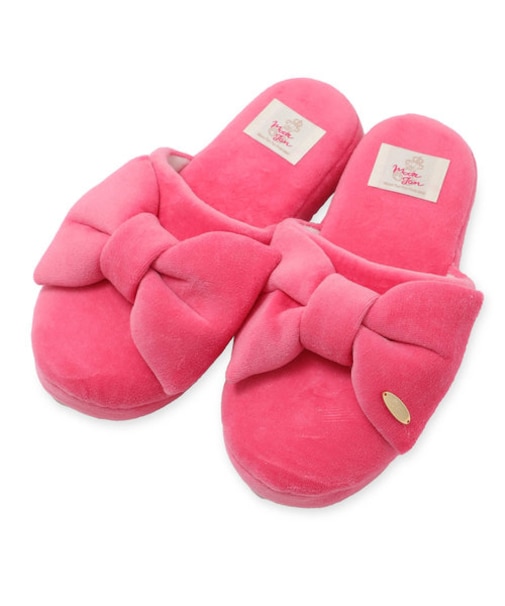 コットン　ベロアリボンスリッパ　綿混　大人可愛い　手洗い可能