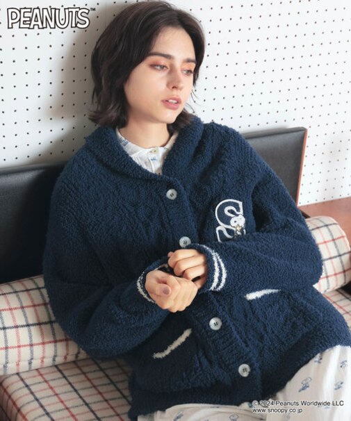 PEANUTS TMケーブルニットカーディガン ルームウェア 羽織 部屋着 あったか もこもこ スヌーピー ウッドストック おしゃれ