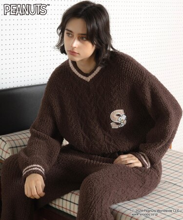 PEANUTS TMケーブルニットトップス ルームウェア パジャマ 部屋着 あったか もこもこ スヌーピー ウッドストック おしゃれ