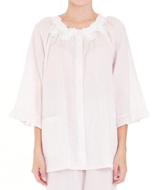 50/ダブルガーゼストライプレーシーパジャマ　セットアップ　ルームウェア　ストライプ　花のレース　大人可愛い　上品　軽やか　７分袖　綿100％　お肌に優しい