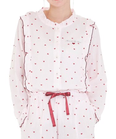 コットンダブルガーゼハートフリルパジャマ　セットアップ　ルームウェア　ハート　大人可愛い　上品　軽やか　綿100％　お肌に優しい