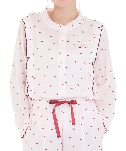 コットンダブルガーゼハートフリルパジャマ　セットアップ　ルームウェア　ハート　大人可愛い　上品　軽やか　綿100％　お肌に優しい