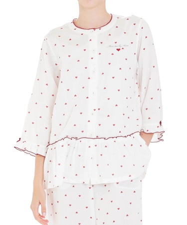 コットンダブルガーゼハートペプラムパジャマ　セットアップ　ルームウェア　ハート　大人可愛い　７分袖　軽やか　綿100％　お肌に優しい