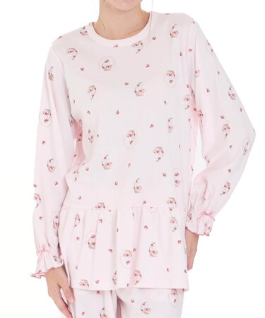 コットンスムースいちごタルトペプラムパジャマ　セットアップ　ルームウェア　ストロベリー　大人可愛い　やわらか　綿100％　お肌に優しい