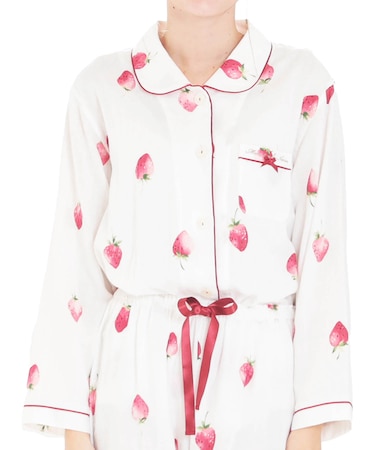 コットンダブルガーゼいちごシャツパジャマ　セットアップ　ルームウェア　ストロベリー　大人可愛い　やわらか　綿100％　お肌に優しい