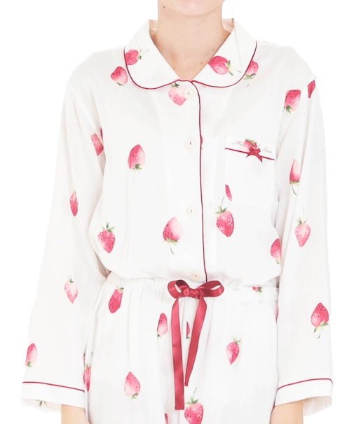 コットンダブルガーゼいちごシャツパジャマ　セットアップ　ルームウェア　ストロベリー　大人可愛い　やわらか　綿100％　お肌に優しい