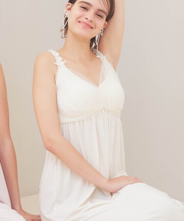 T/R天竺ヒロインナイトドレス ネグリジェ　ワンピース　ルームウェア　チュール　カップ付き　儚げ　甘め　大人可愛い　上品　かわいい　パット付き　おしゃれ　カップインナイトドレス　再入荷