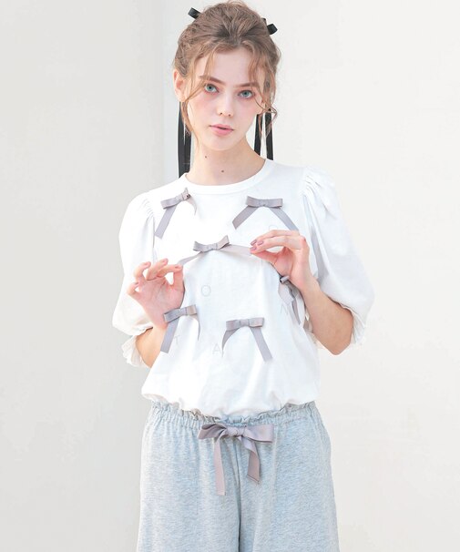 シルケット天竺ルームリボンセットアップ　パジャマ　ルームウェア　部屋着　大人可愛い　キュート　なめらか　綿100％　お肌に優しい　おしゃれ