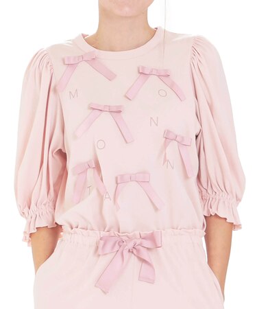 シルケット天竺ルームリボンセットアップ　パジャマ　ルームウェア　部屋着　大人可愛い　キュート　なめらか　綿100％　お肌に優しい　おしゃれ